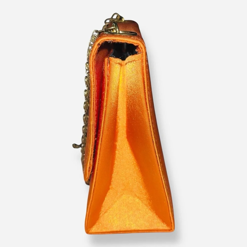 Vintage Satin Clutch Evening Bag Silk Orange Gold Chain‎ Crossbody Clutch